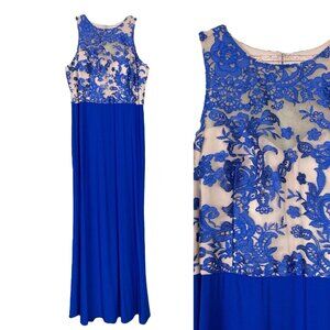 Vtg Stenay Lace Floral Bridesmaid Formal Dress Gown Royal Blue Beige Size 16